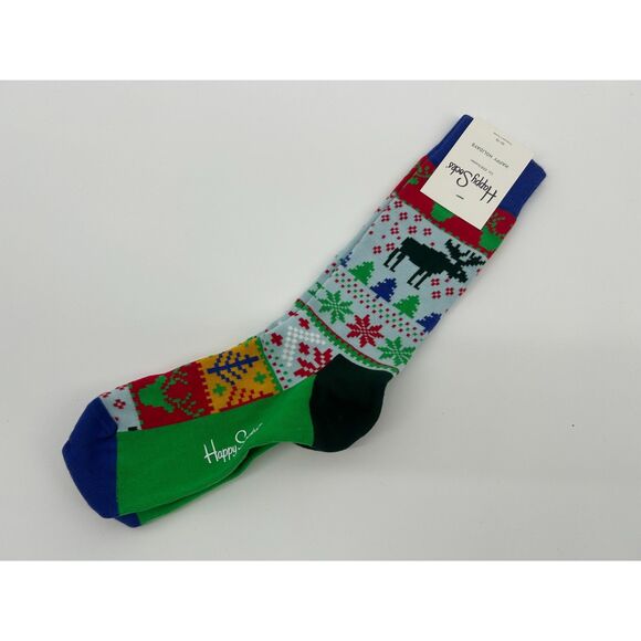NWT HAPPY SOCKS Mens Womens Unisex Black Christmas Reindeer Faire Isle - Picture 1 of 4